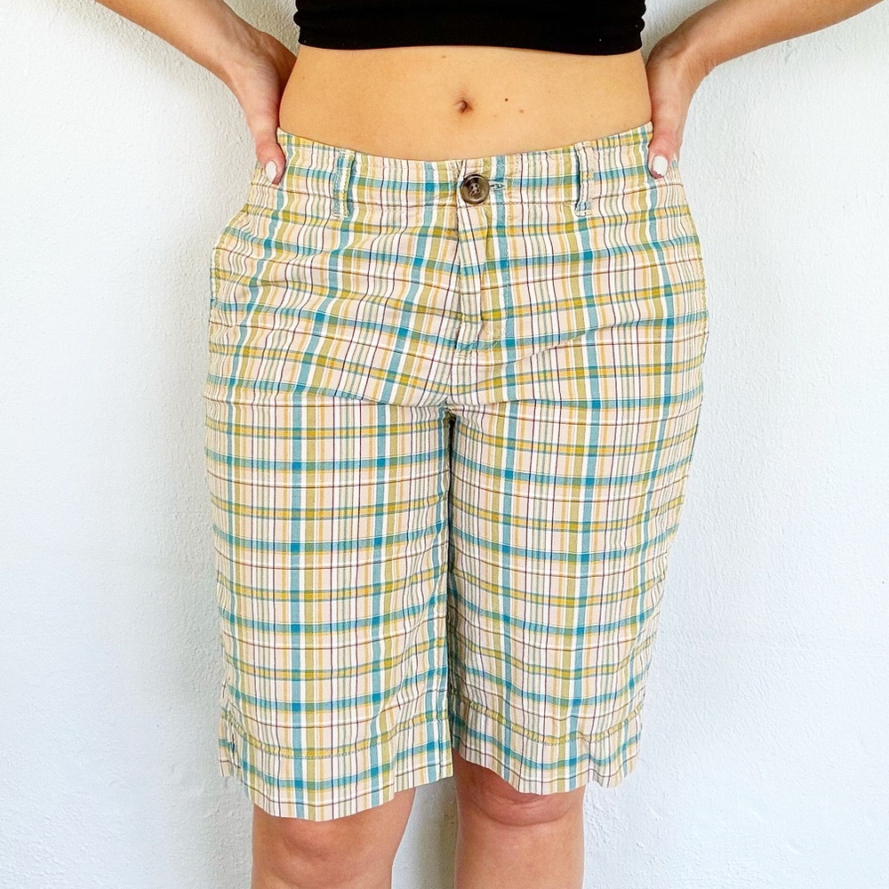 Merona blue yellow plaid print cotton knee length Bermuda shorts size 4